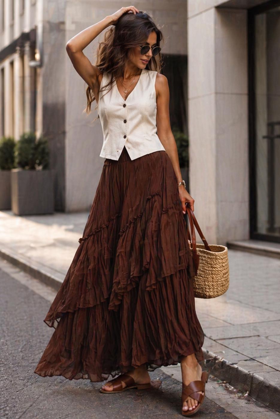 Vêtements hijab BRUN JUPE EN VOILE SUPERPOSÉ T 7652