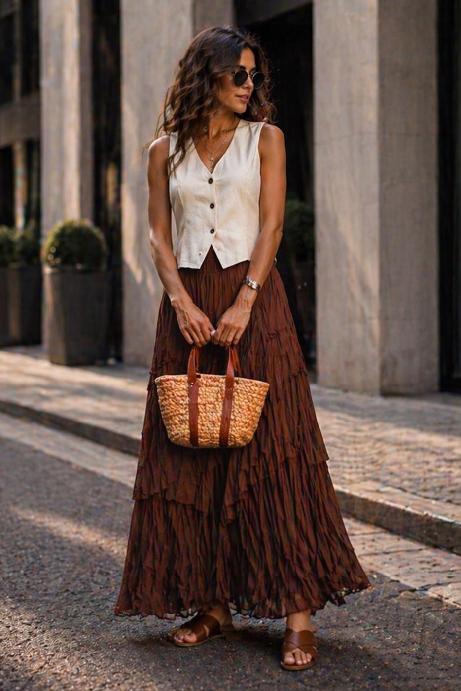 Vêtements hijab BRUN JUPE EN VOILE SUPERPOSÉ T 7652