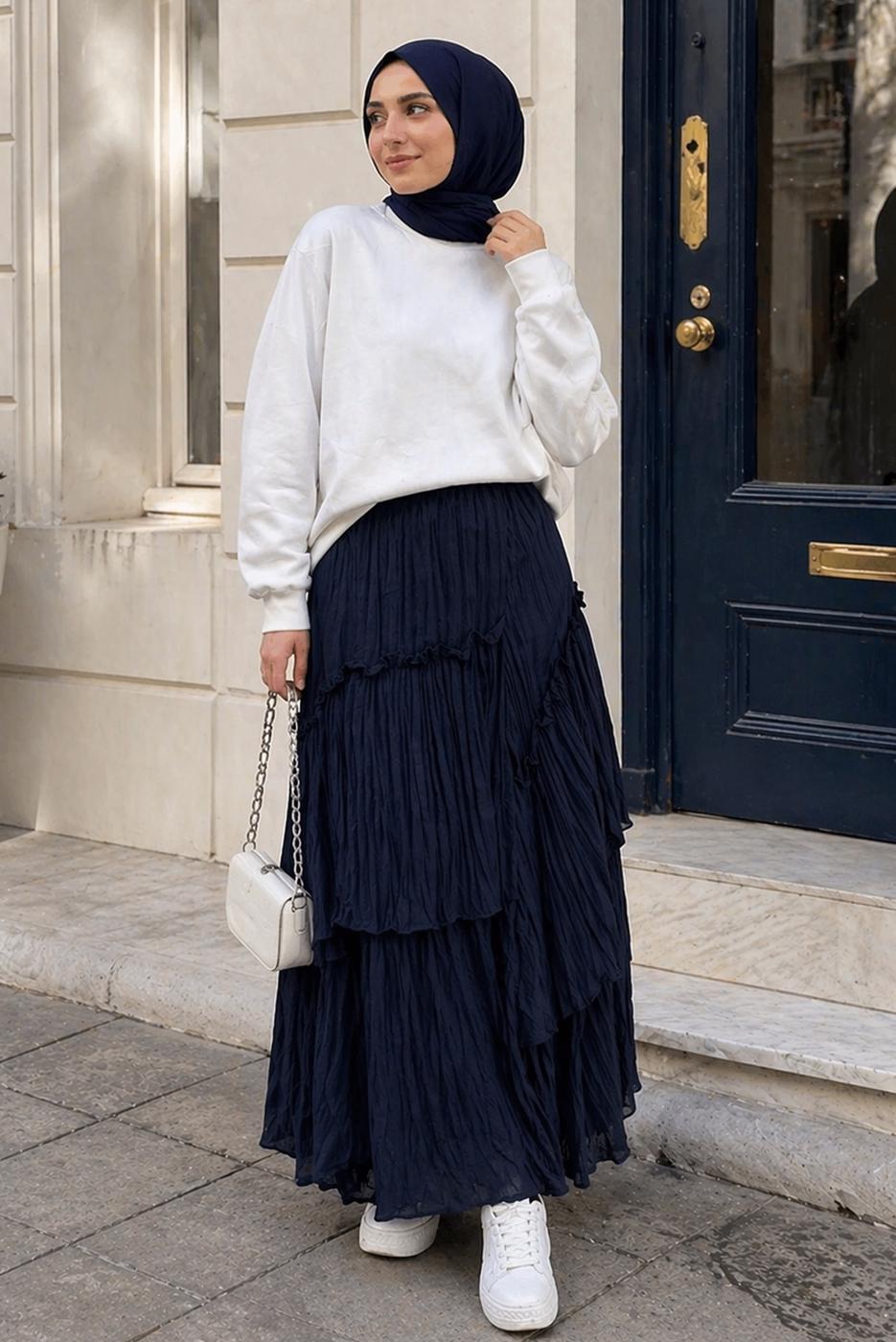 Hijab clothing NAVY BLUE LAYERED VOILE SKIRT T 7652