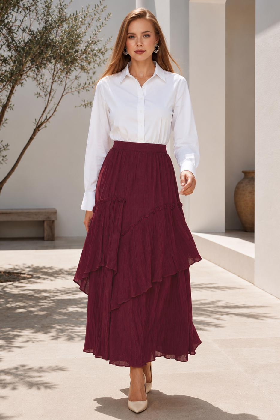 Vêtements hijab ROUGE BORDEAUX JUPE EN VOILE SUPERPOSÉ T 7652