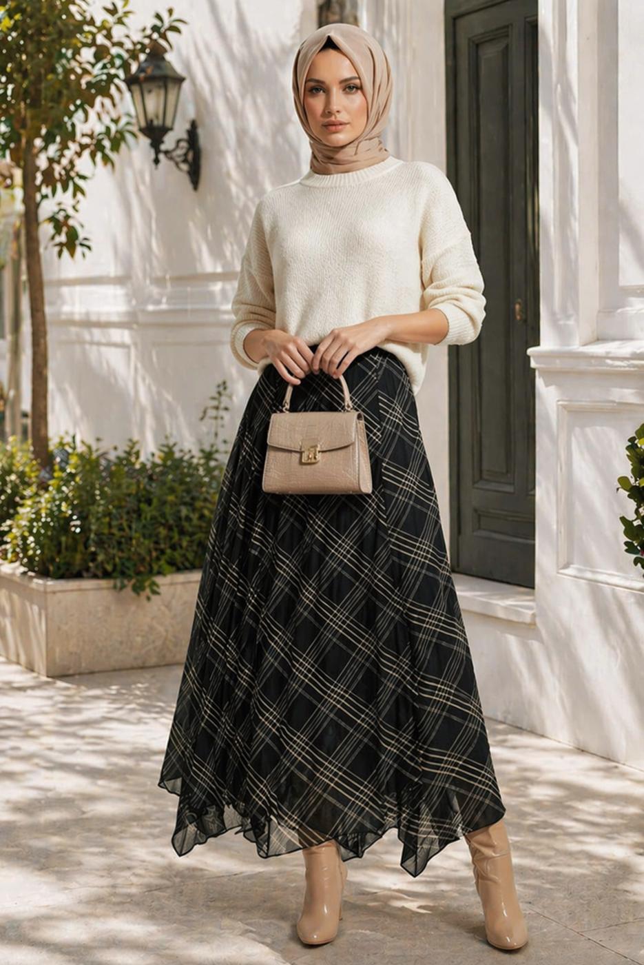 Hijab clothing BLACK ASYMMETRIC CUT PLAID SKIRT T 8401