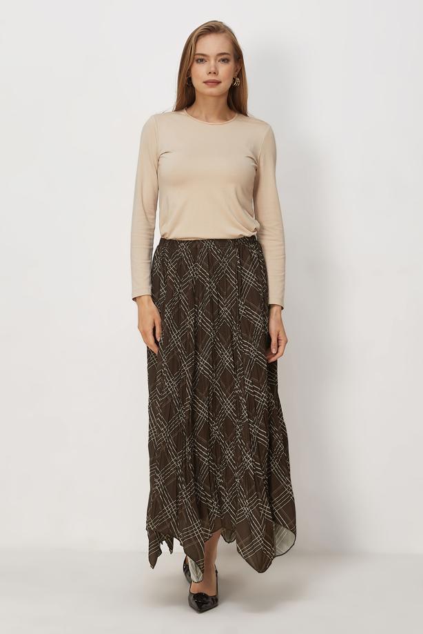 Vêtements hijab BRUN JUPE À CARREAUX COUPE ASYMÉTRIQUE T 8401 - TRENDTESETTÜR