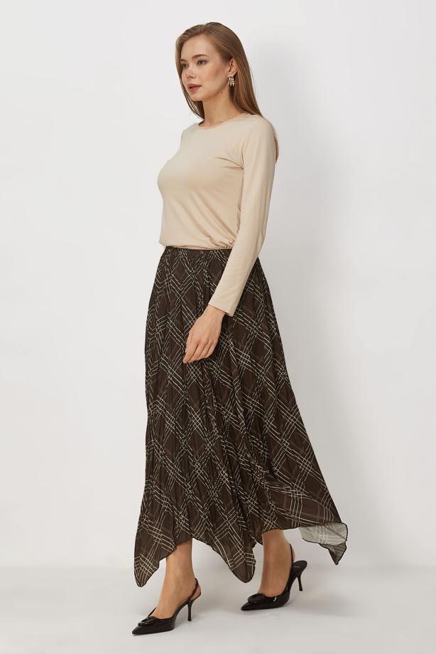 Vêtements hijab BRUN JUPE À CARREAUX COUPE ASYMÉTRIQUE T 8401 - TRENDTESETTÜR