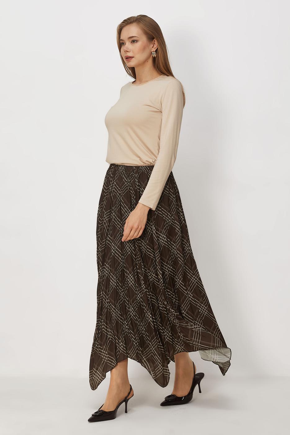 Vêtements hijab BRUN JUPE À CARREAUX COUPE ASYMÉTRIQUE T 8401