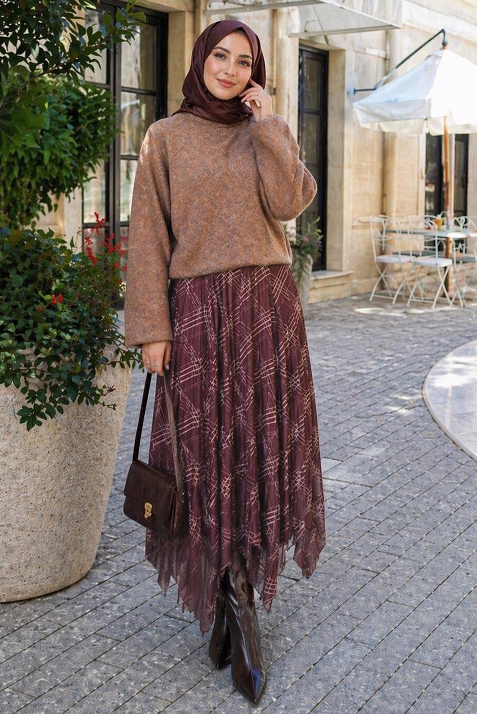 Hijab clothing PLUM ASYMMETRIC CUT PLAID SKIRT T 8401