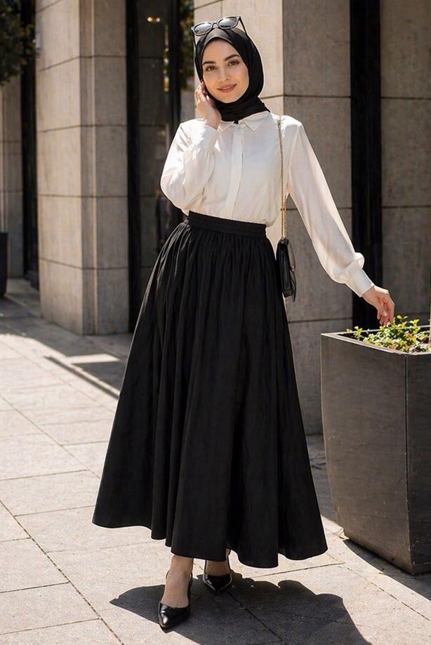 Vêtements hijab NOIR JUPE TAILLE ÉLASTIQUE EN COTON T 9765 - TRENDTESETTÜR