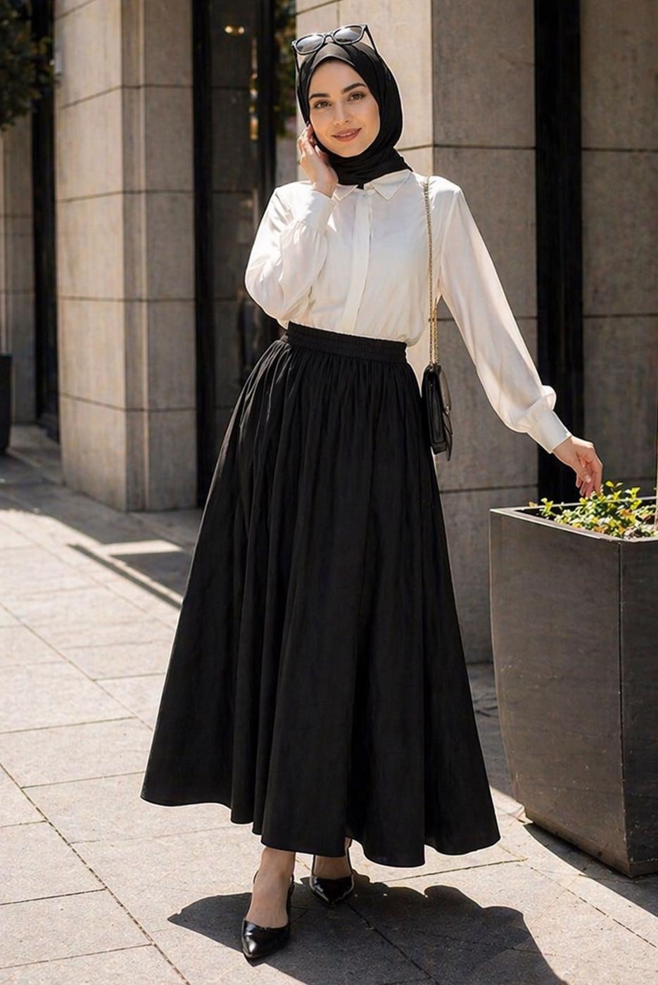 Vêtements hijab NOIR JUPE TAILLE ÉLASTIQUE EN COTON T 9765