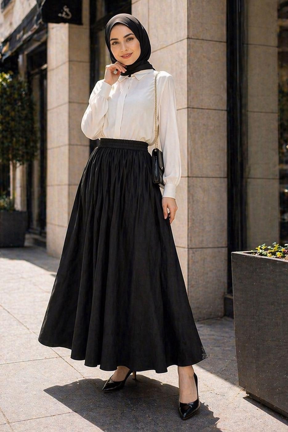 Vêtements hijab NOIR JUPE TAILLE ÉLASTIQUE EN COTON T 9765