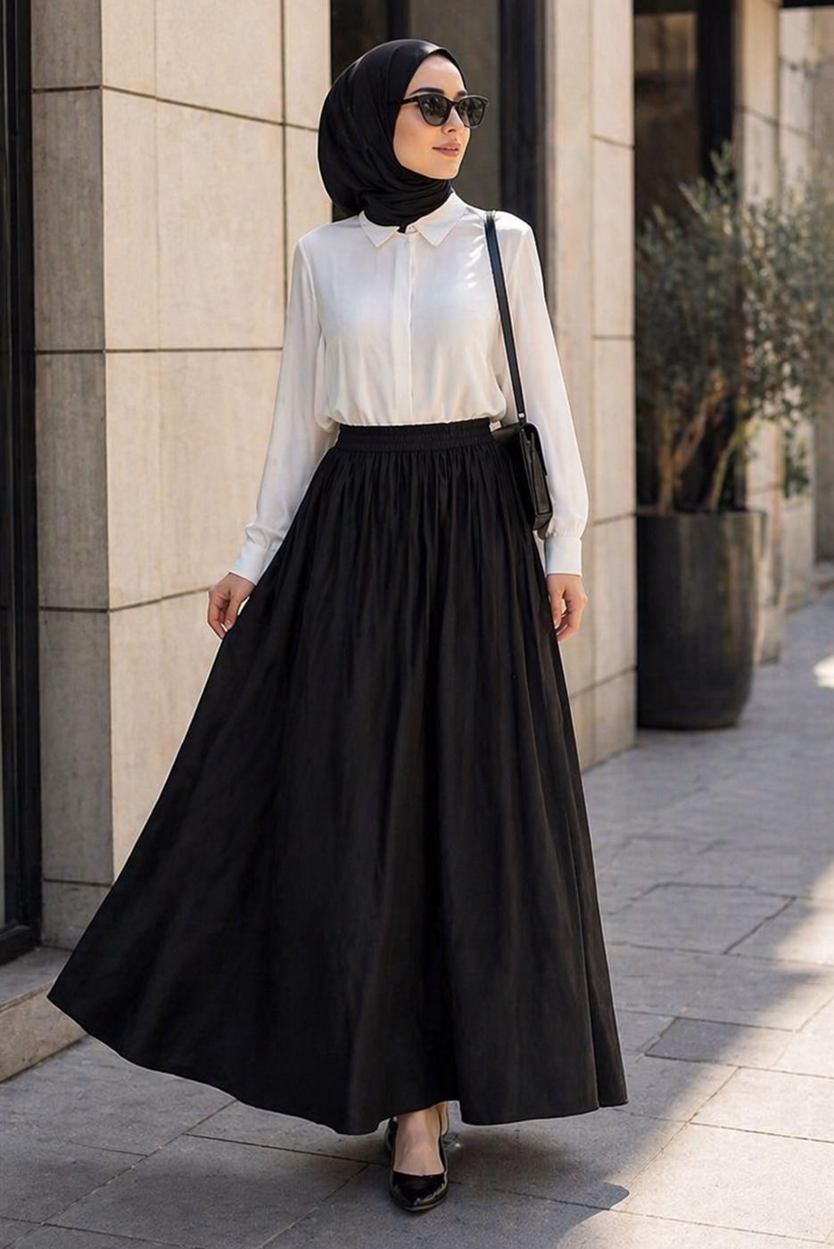 Vêtements hijab NOIR JUPE TAILLE ÉLASTIQUE EN COTON T 9765