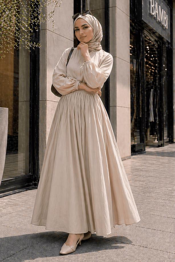 Vêtements hijab BEIGE JUPE TAILLE ÉLASTIQUE EN COTON T 9765 - TRENDTESETTÜR