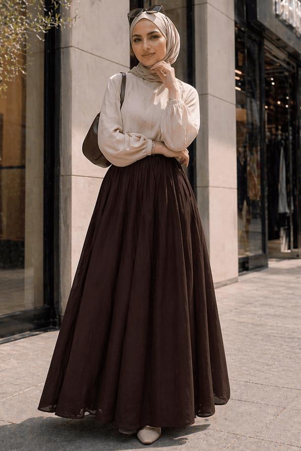 Vêtements hijab BRUN JUPE TAILLE ÉLASTIQUE EN COTON T 9765 - TRENDTESETTÜR