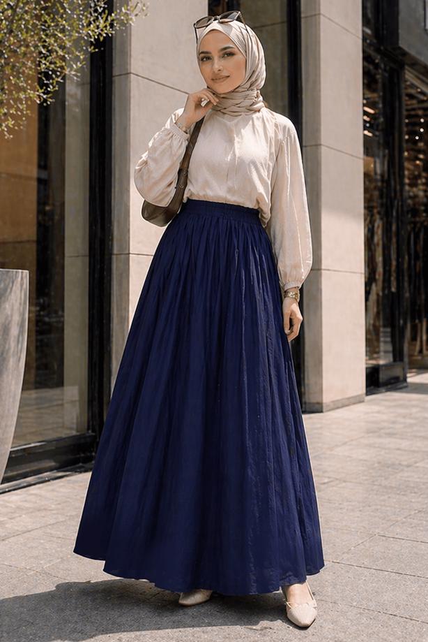 Vêtements hijab BLEU MARINE JUPE TAILLE ÉLASTIQUE EN COTON T 9765 - TRENDTESETTÜR