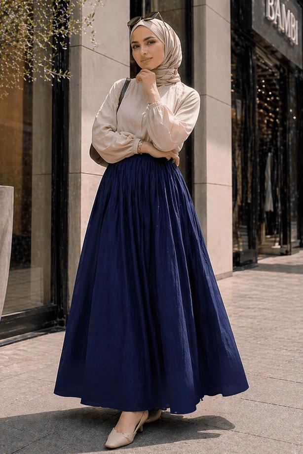 Vêtements hijab BLEU MARINE JUPE TAILLE ÉLASTIQUE EN COTON T 9765 - TRENDTESETTÜR