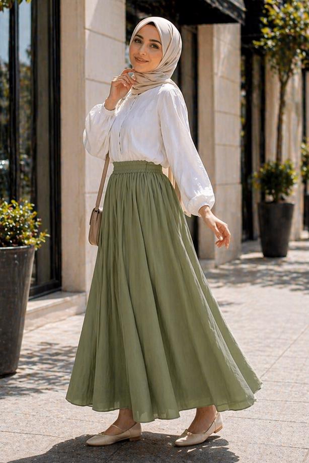 Vêtements hijab VERT JUPE TAILLE ÉLASTIQUE EN COTON T 9765 - TRENDTESETTÜR