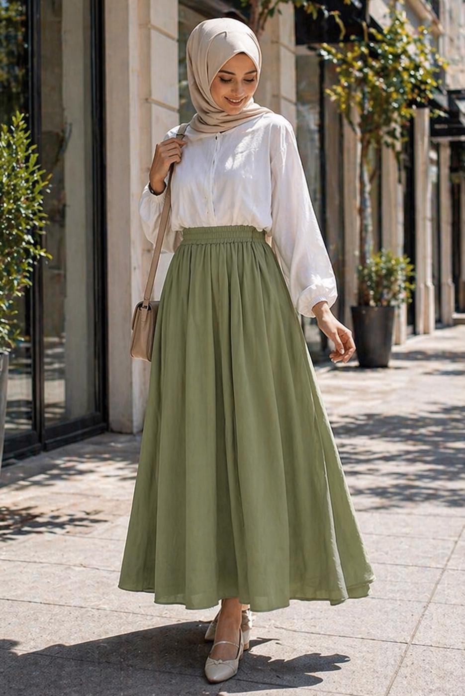 Vêtements hijab VERT JUPE TAILLE ÉLASTIQUE EN COTON T 9765