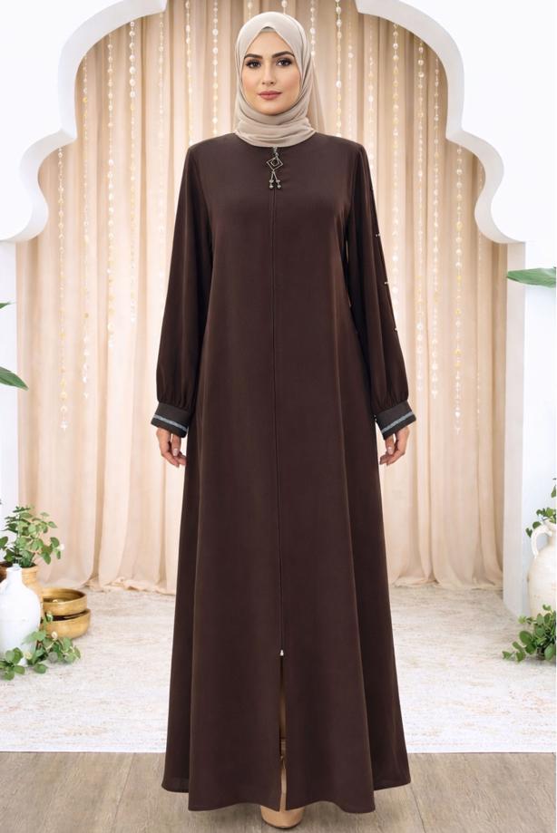 Tesettür giyim KAHVE FERMUARLI FERACE T 0200 - TRENDTESETTÜR