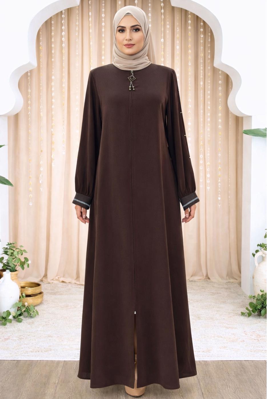Tesettür giyim KAHVE FERMUARLI FERACE T 0200