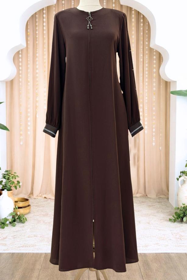 Tesettür giyim KAHVE FERMUARLI FERACE T 0200 - TRENDTESETTÜR