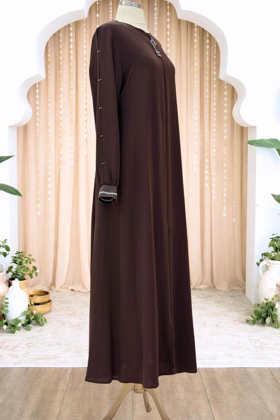 Tesettür giyim KAHVE FERMUARLI FERACE T 0200