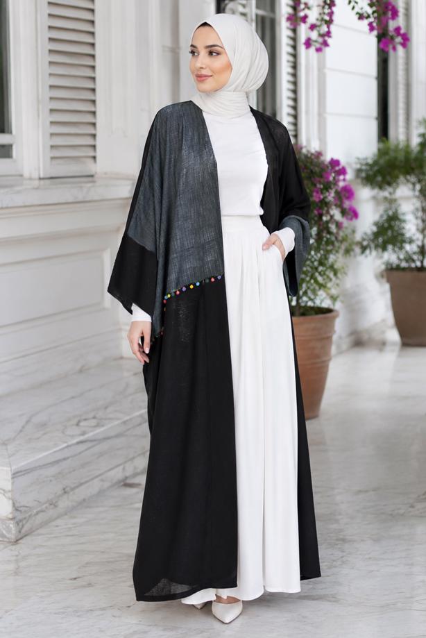 Tesettür giyim SİYAH PONPON DETAYLI ABAYA T 10114 - TRENDTESETTÜR