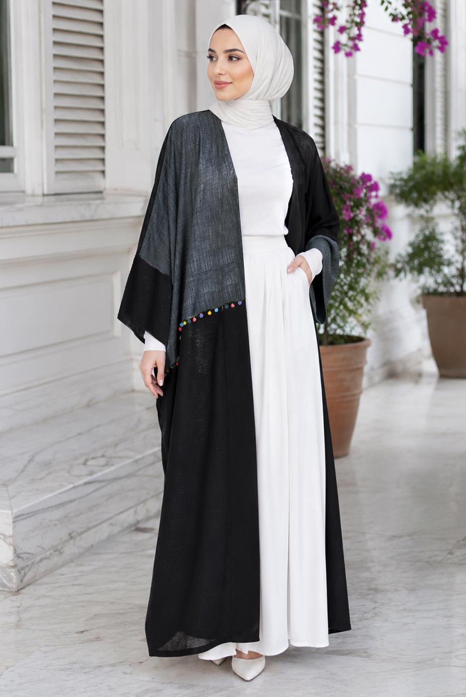 Tesettür giyim SİYAH PONPON DETAYLI ABAYA T 10114