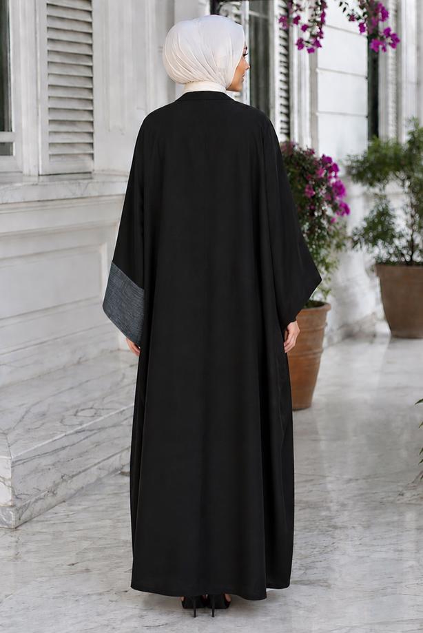 Tesettür giyim SİYAH PONPON DETAYLI ABAYA T 10114 - TRENDTESETTÜR