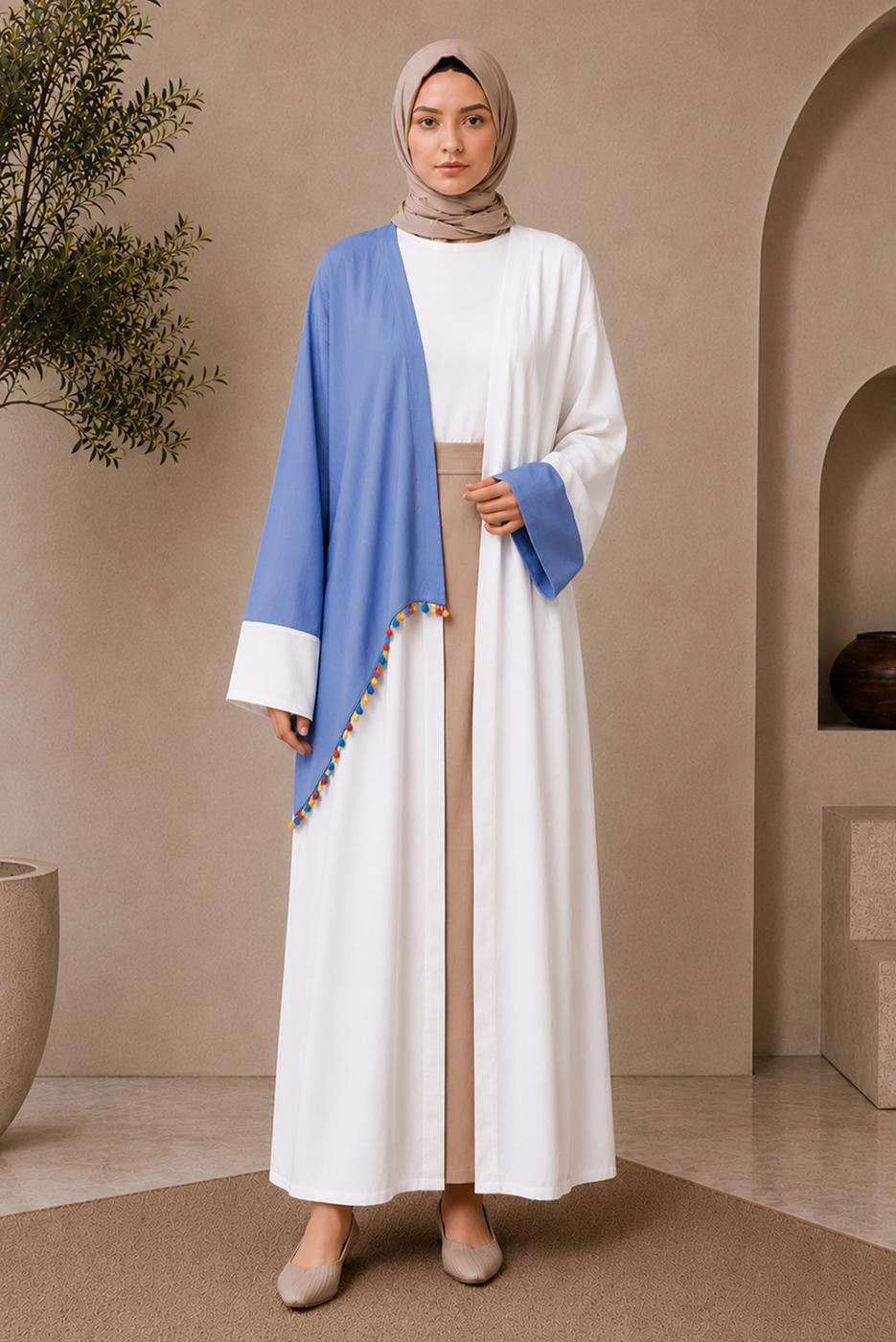 Tesettür giyim BEYAZ PONPON DETAYLI ABAYA T 10114