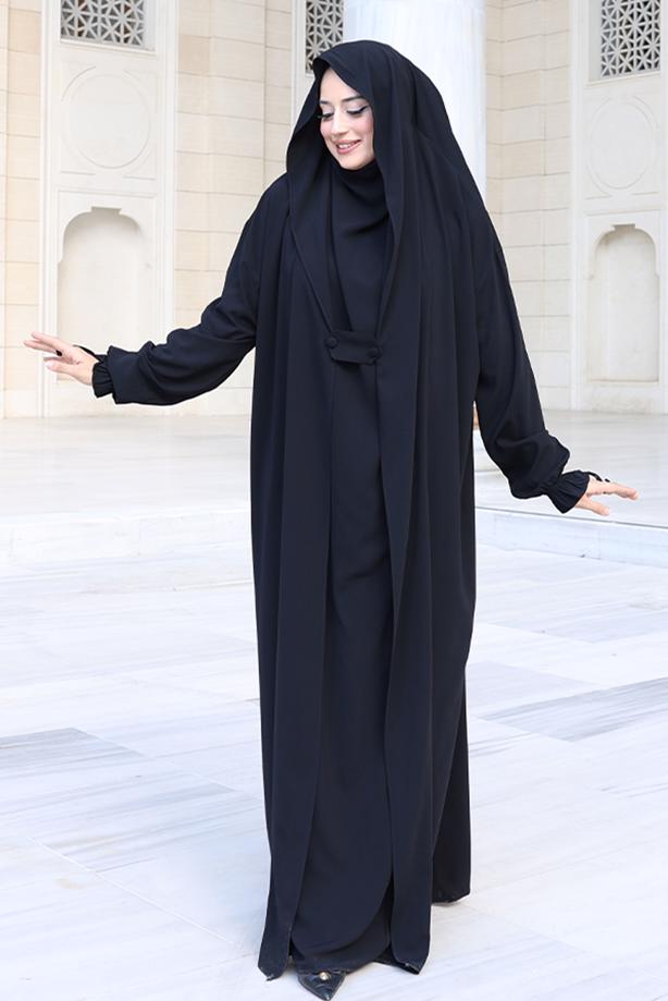 Tesettür giyim SİYAH PEÇELİ SUFLELİ FERACE T 2306 - TRENDTESETTÜR