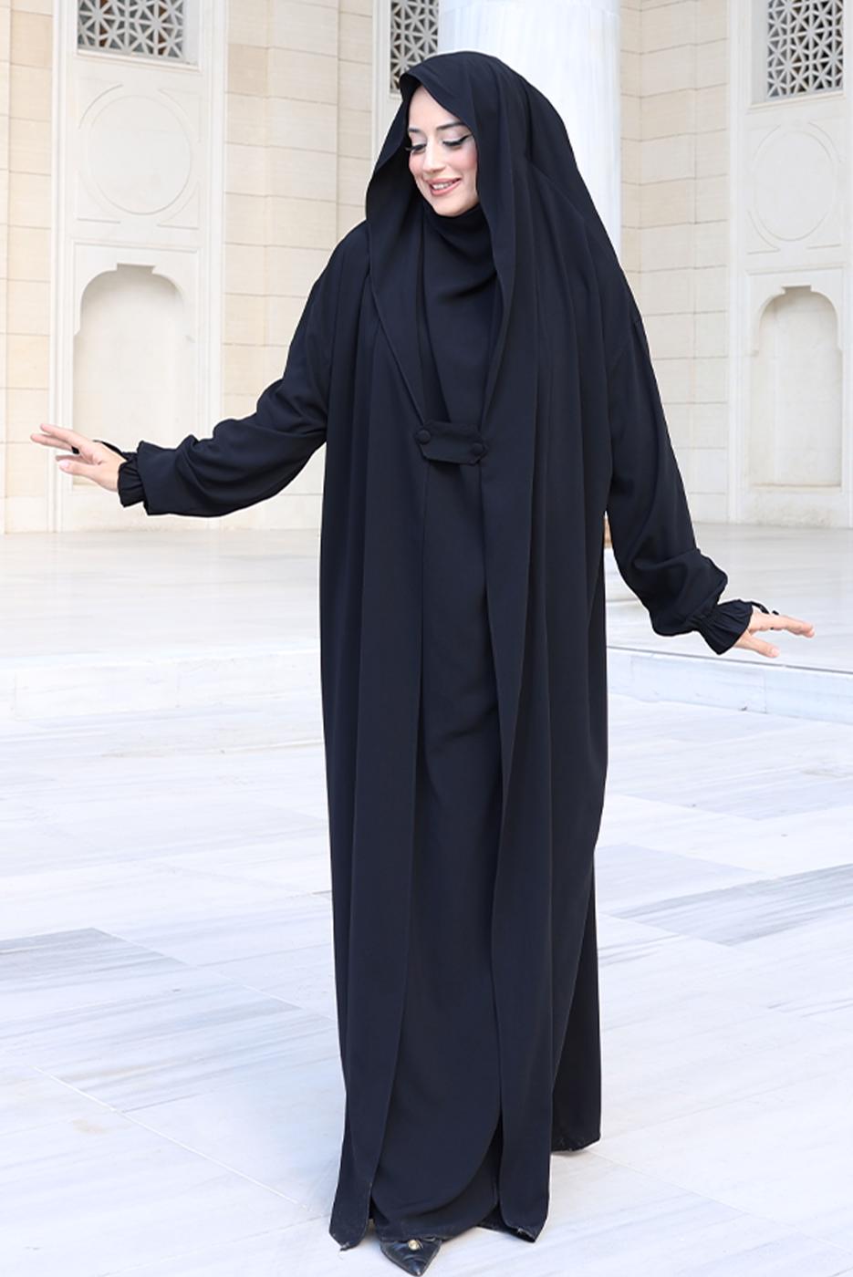 Tesettür giyim SİYAH PEÇELİ SUFLELİ FERACE T 2306