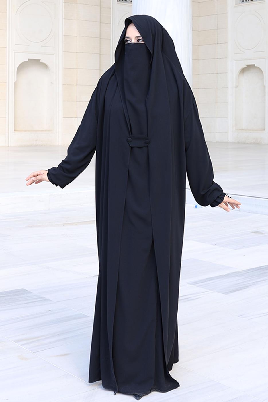 Tesettür giyim SİYAH PEÇELİ SUFLELİ FERACE T 2306