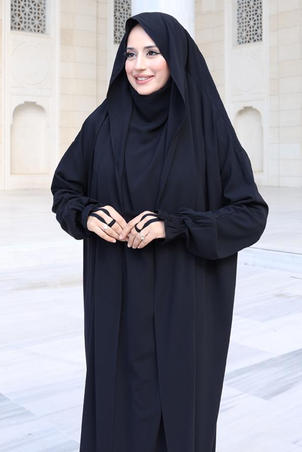 Tesettür giyim SİYAH PEÇELİ SUFLELİ FERACE T 2306 - TRENDTESETTÜR