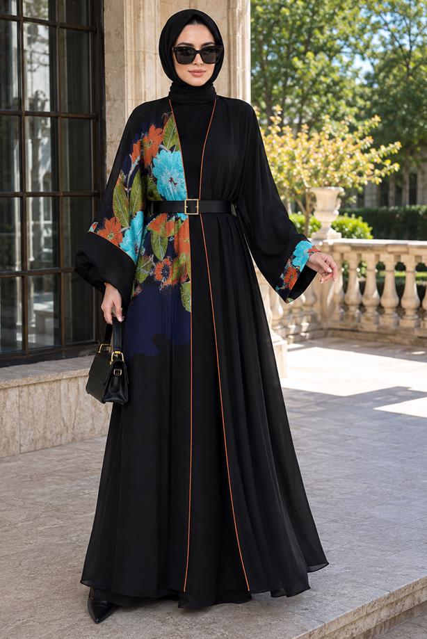 Tesettür giyim SİYAH DESENLİ ABAYA T 24014 - TRENDTESETTÜR