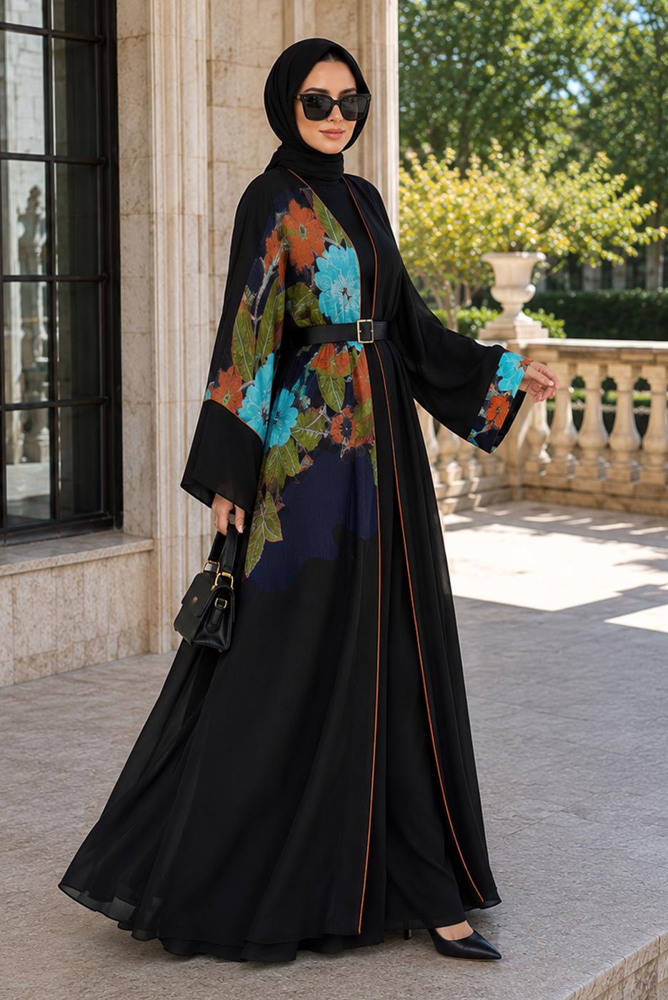 Tesettür giyim SİYAH DESENLİ ABAYA T 24014
