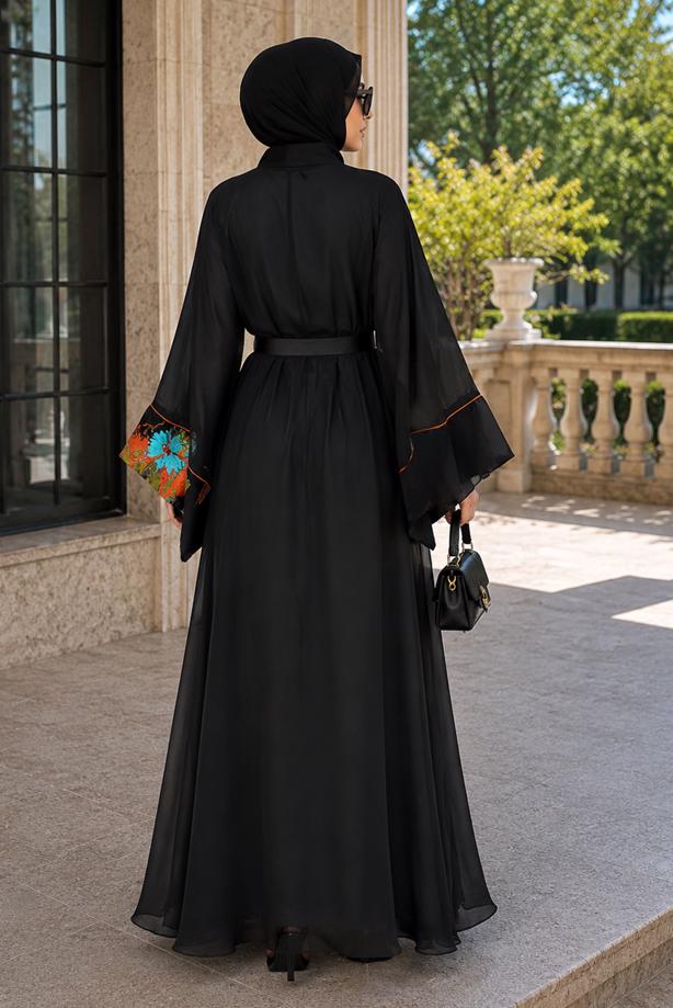 Tesettür giyim SİYAH DESENLİ ABAYA T 24014 - TRENDTESETTÜR