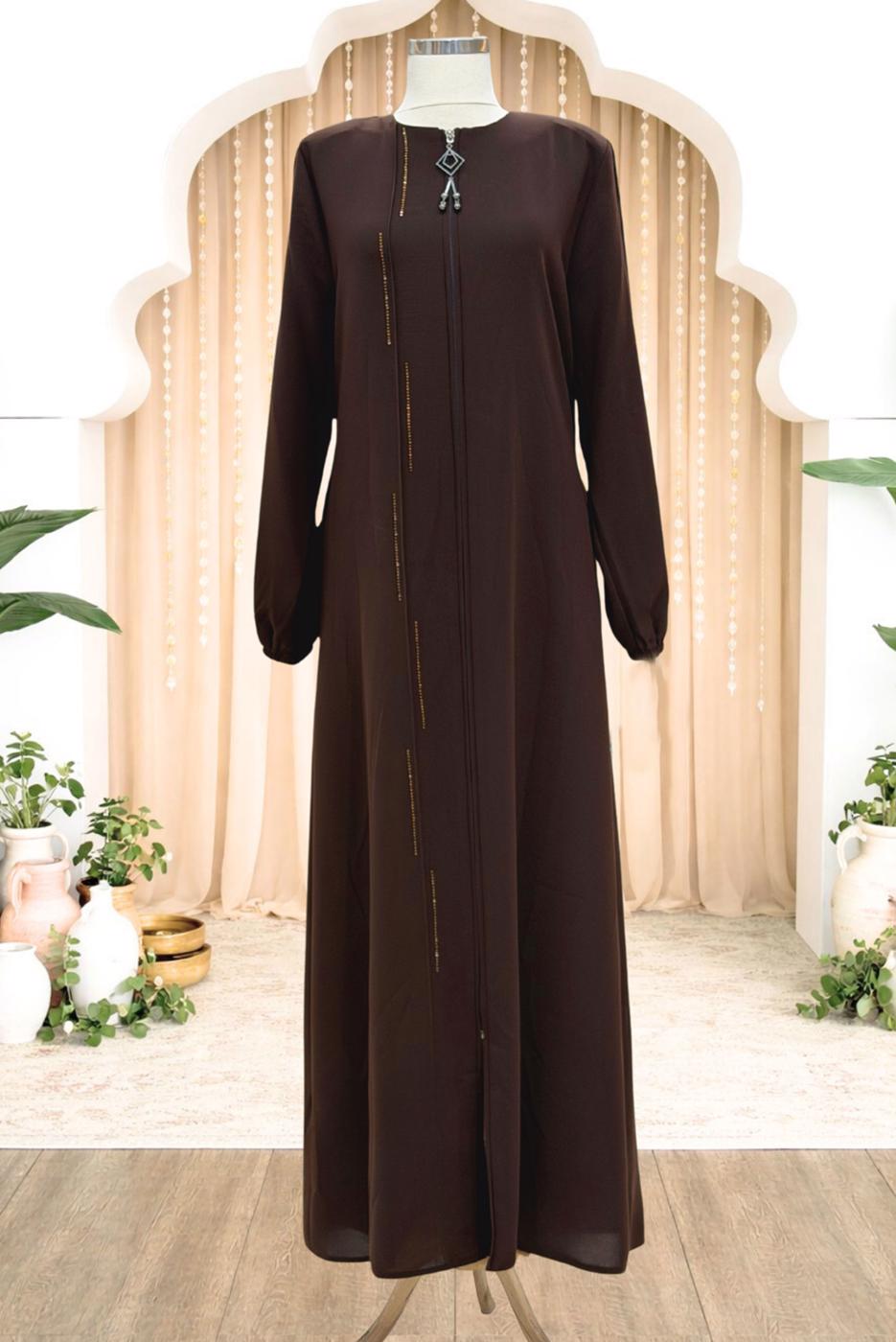 Vêtements hijab BRUN ABAYA DÉTAILLÉE DE GEMME T 5100