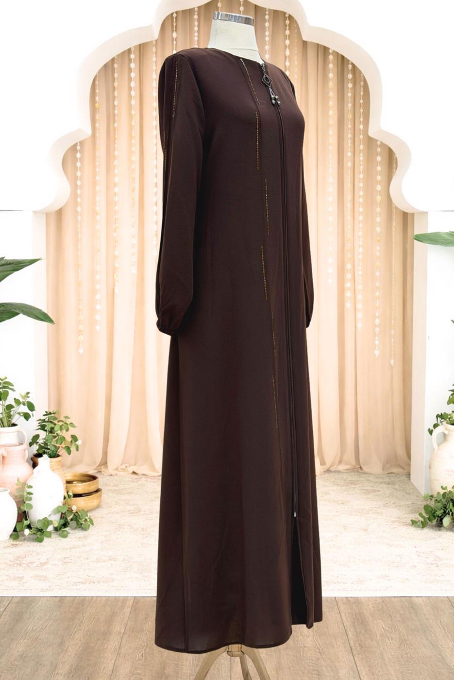 Vêtements hijab BRUN ABAYA DÉTAILLÉE DE GEMME T 5100