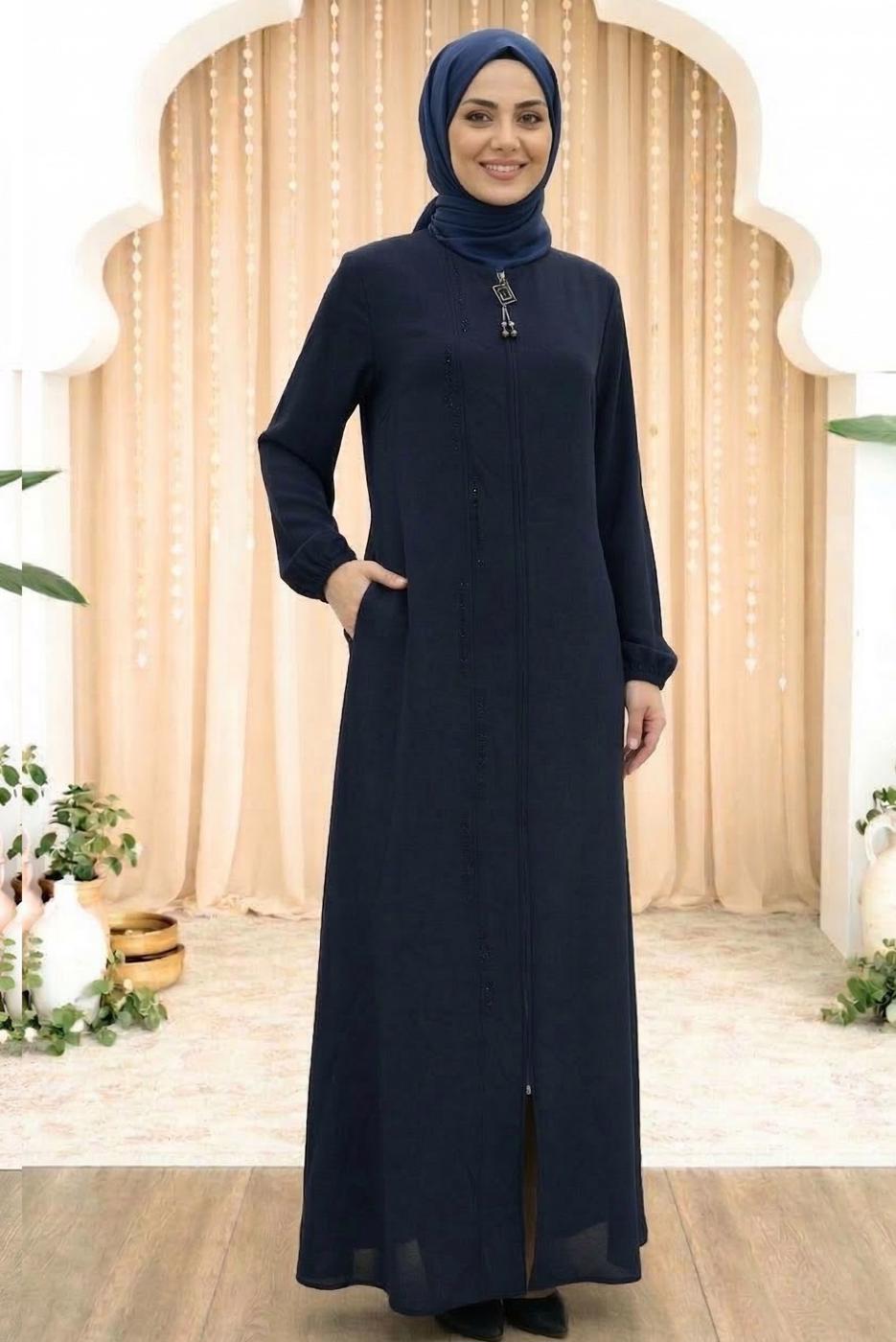 Vêtements hijab BLEU MARINE ABAYA DÉTAILLÉE DE GEMME T 5100
