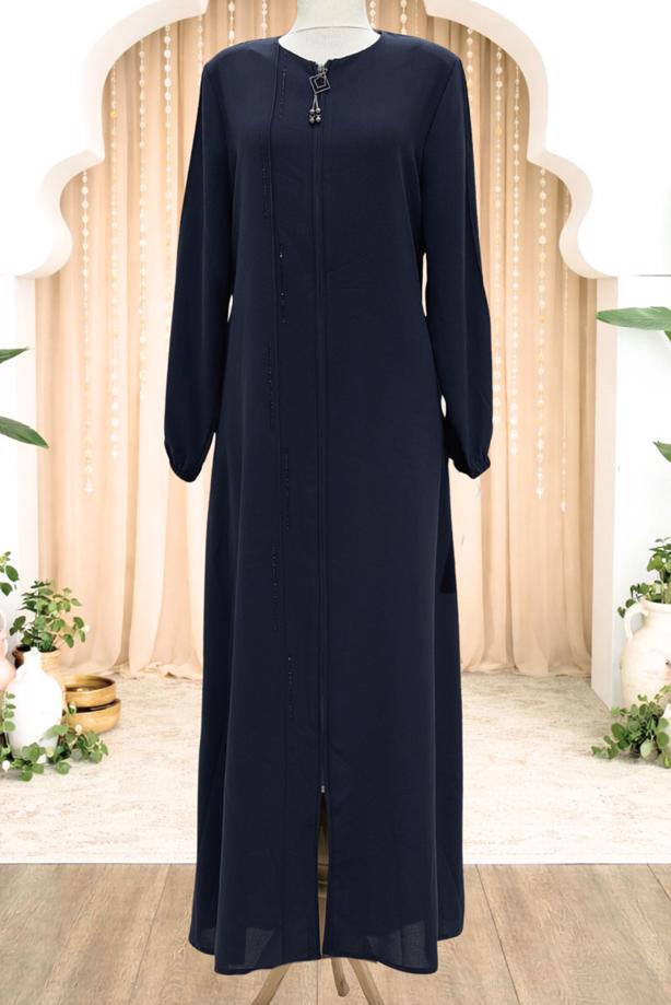 Vêtements hijab BLEU MARINE ABAYA DÉTAILLÉE DE GEMME T 5100 - TRENDTESETTÜR
