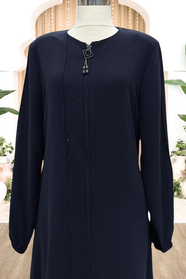 Vêtements hijab BLEU MARINE ABAYA DÉTAILLÉE DE GEMME T 5100 - TRENDTESETTÜR