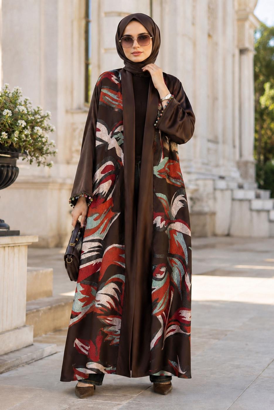 Tesettür giyim KAHVE PONPON DETAYLI DESENLİ ABAYA T 5311