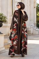 Tesettür giyim KAHVE PONPON DETAYLI DESENLİ ABAYA T 5311