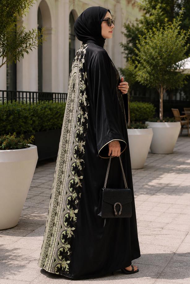 Tesettür giyim SİYAH DESENLİ ABAYA T 54114 - TRENDTESETTÜR