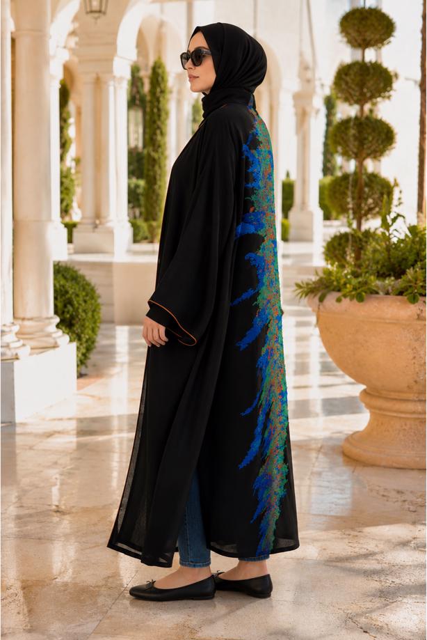 Tesettür giyim YEŞİL YARASA KOLLU DESENLİ ABAYA T 61014 - TRENDTESETTÜR