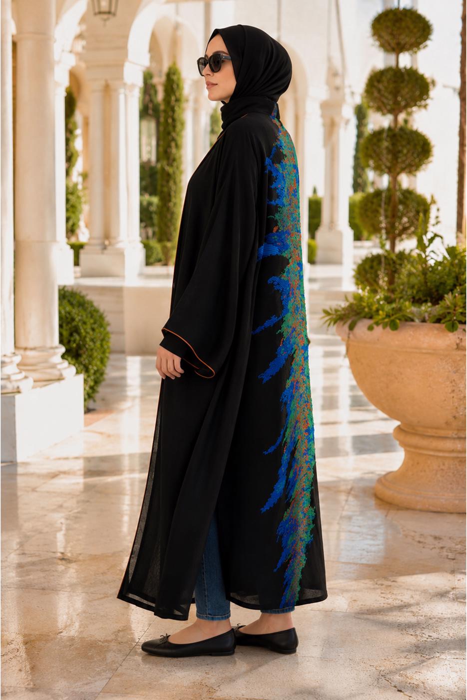 Tesettür giyim YEŞİL YARASA KOLLU DESENLİ ABAYA T 61014