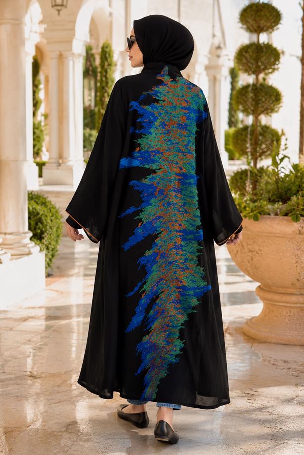 Tesettür giyim YEŞİL YARASA KOLLU DESENLİ ABAYA T 61014 - TRENDTESETTÜR