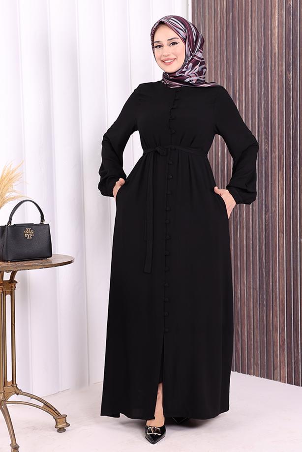 Vêtements hijab NOIR BOUTON CEINTURÉ ABAYA DÉTAILLÉE T 6506 - TRENDTESETTÜR