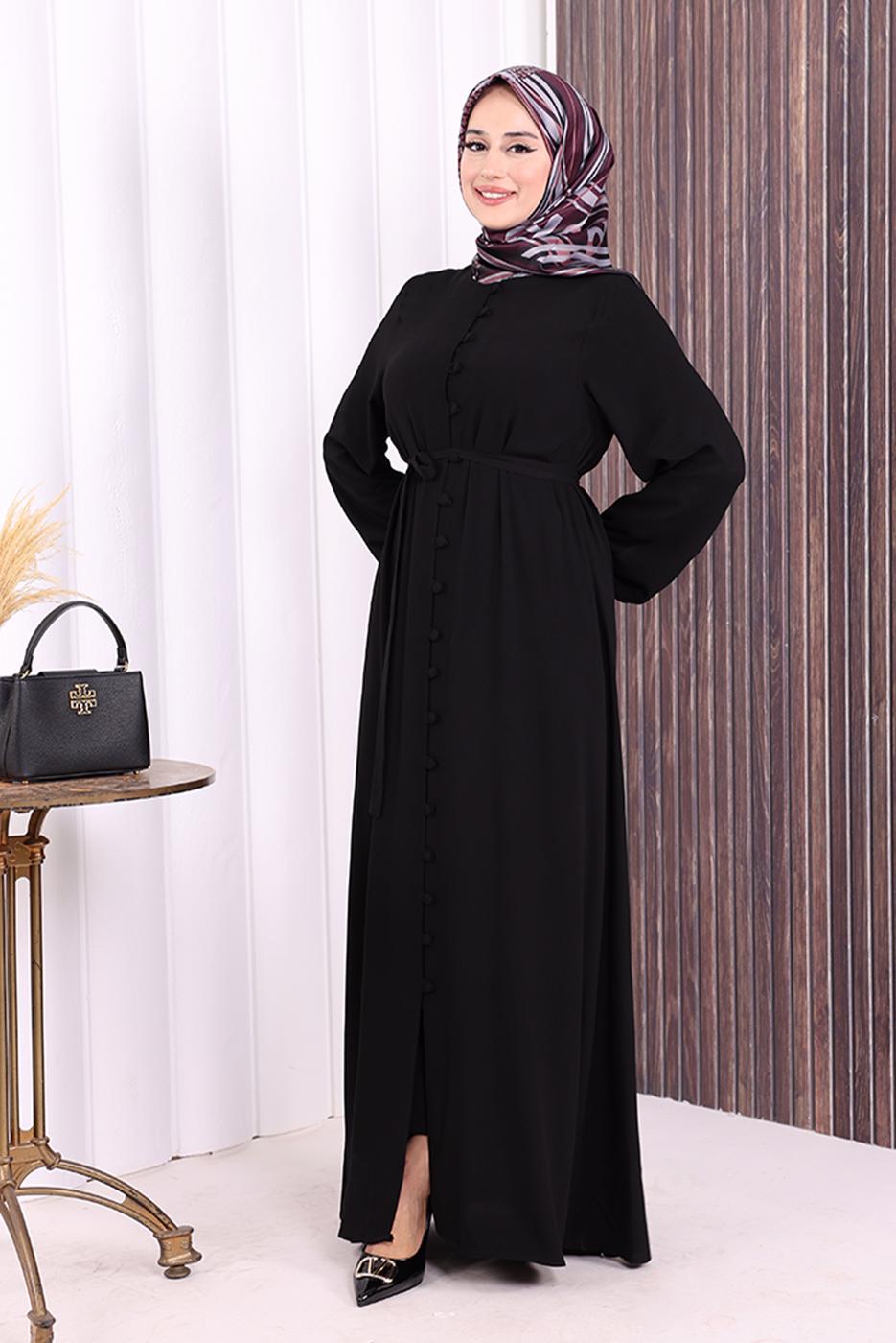 Vêtements hijab NOIR BOUTON CEINTURÉ ABAYA DÉTAILLÉE T 6506