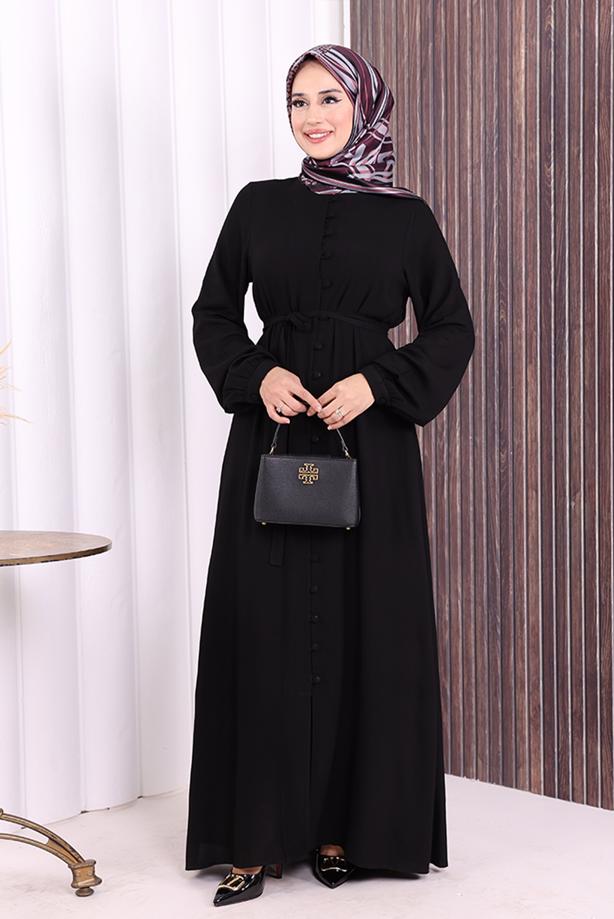 Vêtements hijab NOIR BOUTON CEINTURÉ ABAYA DÉTAILLÉE T 6506 - TRENDTESETTÜR
