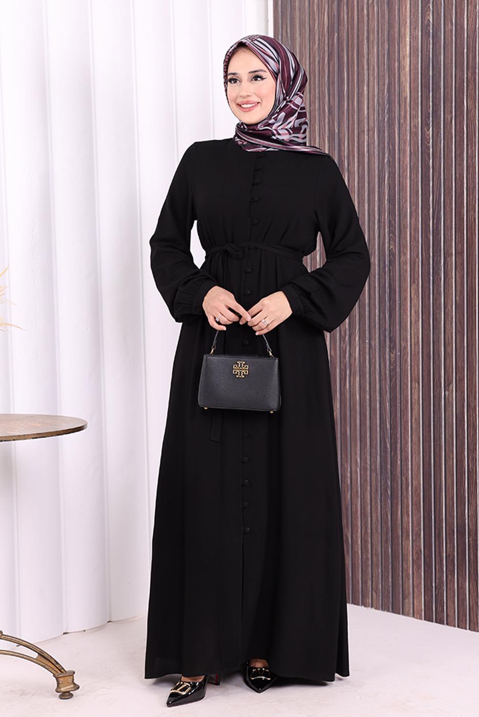Vêtements hijab NOIR BOUTON CEINTURÉ ABAYA DÉTAILLÉE T 6506