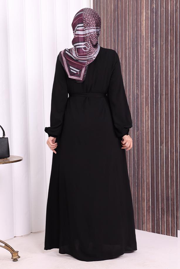 Vêtements hijab NOIR BOUTON CEINTURÉ ABAYA DÉTAILLÉE T 6506 - TRENDTESETTÜR